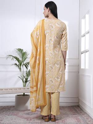 yellow floral print thread work straight kurta trouser dupatta set 3