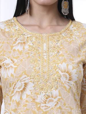 yellow floral print thread work straight kurta trouser dupatta set 4