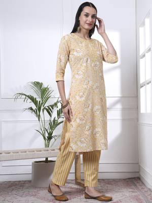 yellow floral print thread work straight kurta trouser dupatta set 5