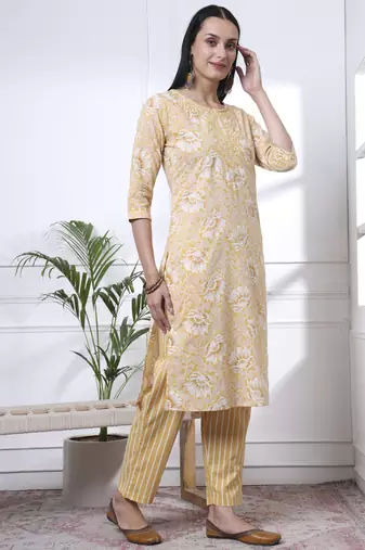 yellow floral print thread work straight kurta trouser dupatta set