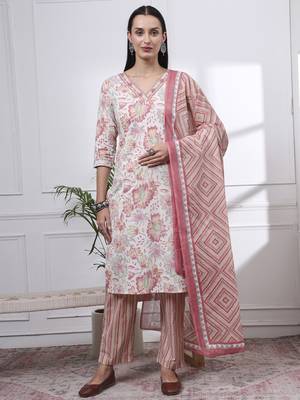 peach and white floral print straight kurta trouser dupatta set 1