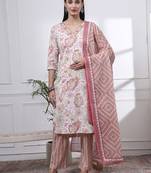 peach and white floral print straight kurta trouser dupatta set