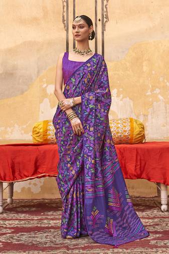 Silk blend printed violet saree
