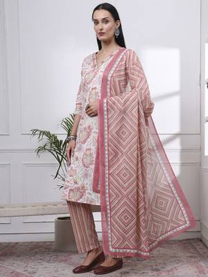 peach and white floral print straight kurta trouser dupatta set 2