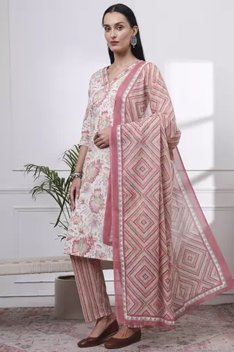 peach and white floral print straight kurta trouser dupatta set