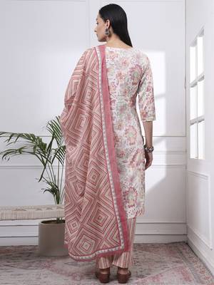 peach and white floral print straight kurta trouser dupatta set 3