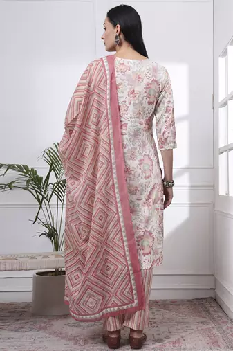 peach and white floral print straight kurta trouser dupatta set