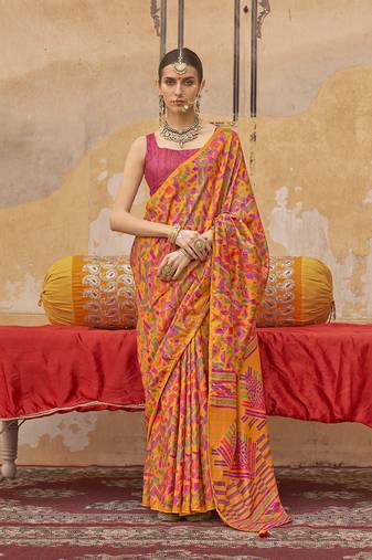 Silk blend printed orange saree