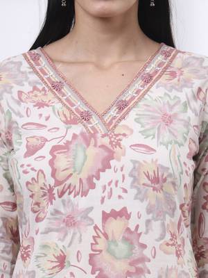 peach and white floral print straight kurta trouser dupatta set 4