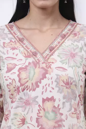 peach and white floral print straight kurta trouser dupatta set