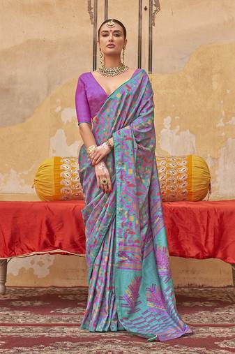 Silk blend printed turquoise saree