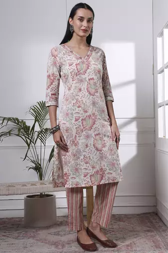peach and white floral print straight kurta trouser dupatta set