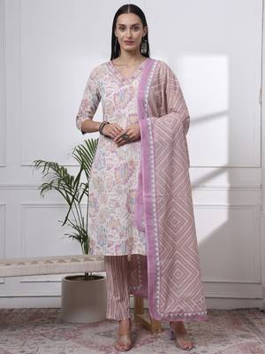 purple and white floral print straight kurta trouser dupatta set 1