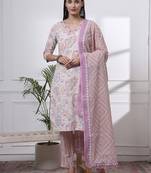 purple and white floral print straight kurta trouser dupatta set