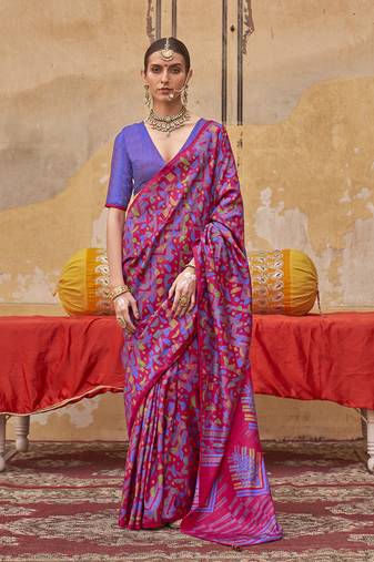 Silk blend printed rani pink saree