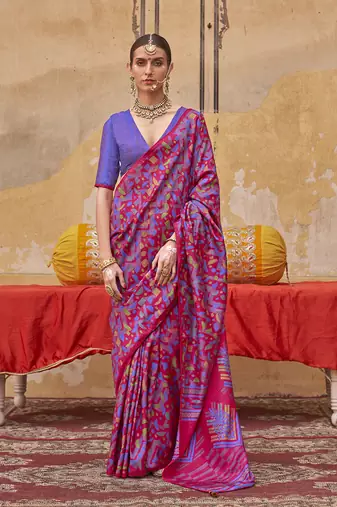 Silk blend printed rani pink saree
