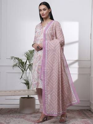 purple and white floral print straight kurta trouser dupatta set 2