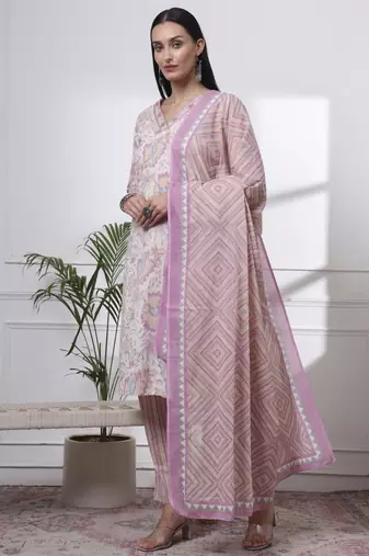 purple and white floral print straight kurta trouser dupatta set