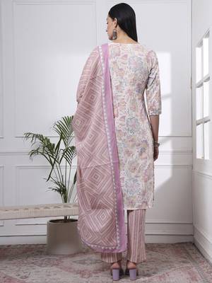 purple and white floral print straight kurta trouser dupatta set 3