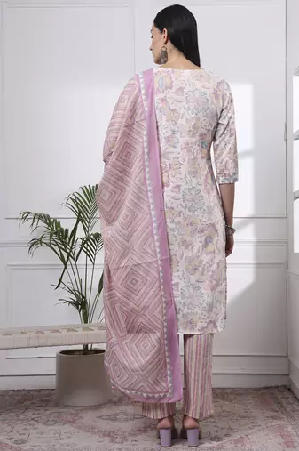 purple and white floral print straight kurta trouser dupatta set
