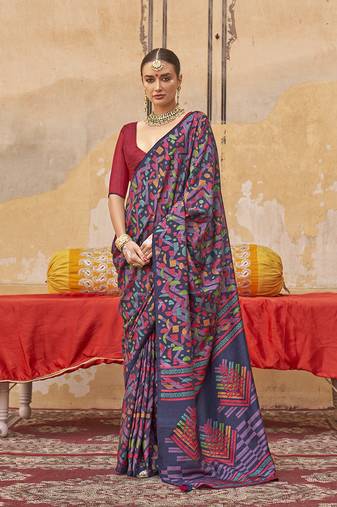 Silk blend printed navy blue saree