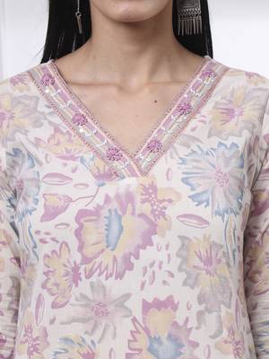 purple and white floral print straight kurta trouser dupatta set 4