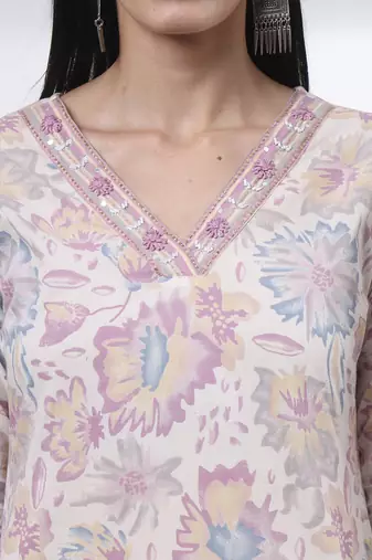 purple and white floral print straight kurta trouser dupatta set