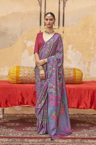 Silk blend printed grey saree
