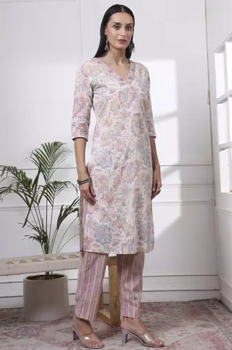 purple and white floral print straight kurta trouser dupatta set