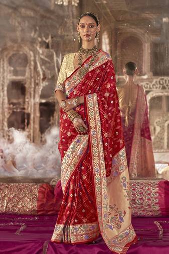 Red bandhej print silk blend saree