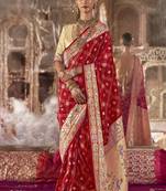 Red bandhej print silk blend saree