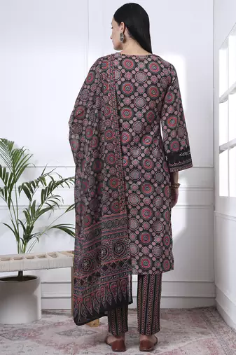 black ethnic motifs straight kurta trouser dupatta set
