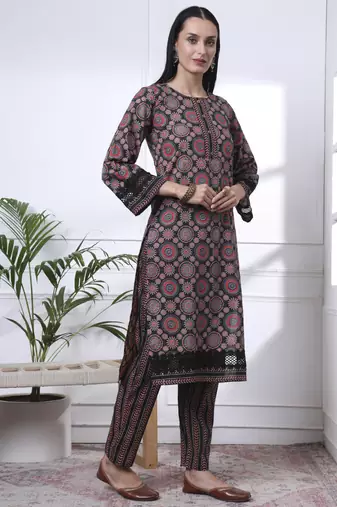 black ethnic motifs straight kurta trouser dupatta set