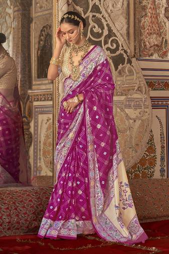 Rani pink bandhej print silk blend saree