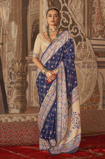 Navy blue bandhej print silk blend saree