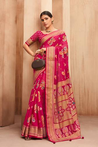 Georgette saree with woven work in rani pink
