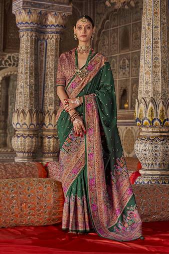 Dark green printed silk blend embellished saree