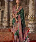 Dark green printed silk blend embellished saree