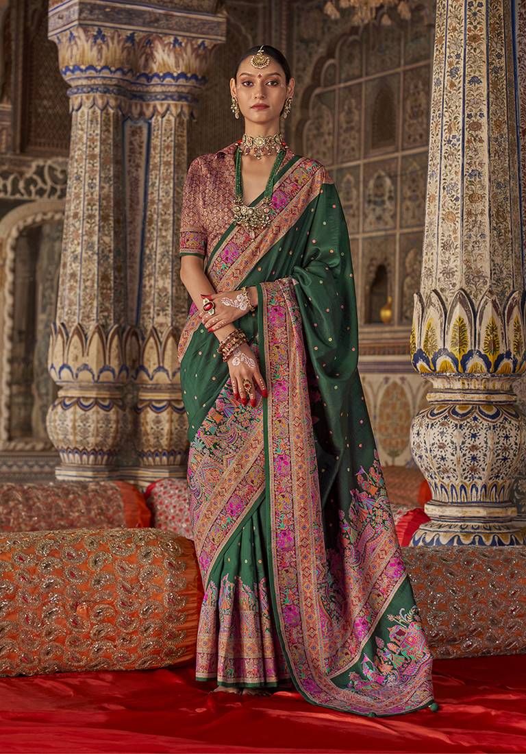 Dark green printed silk blend embellished saree