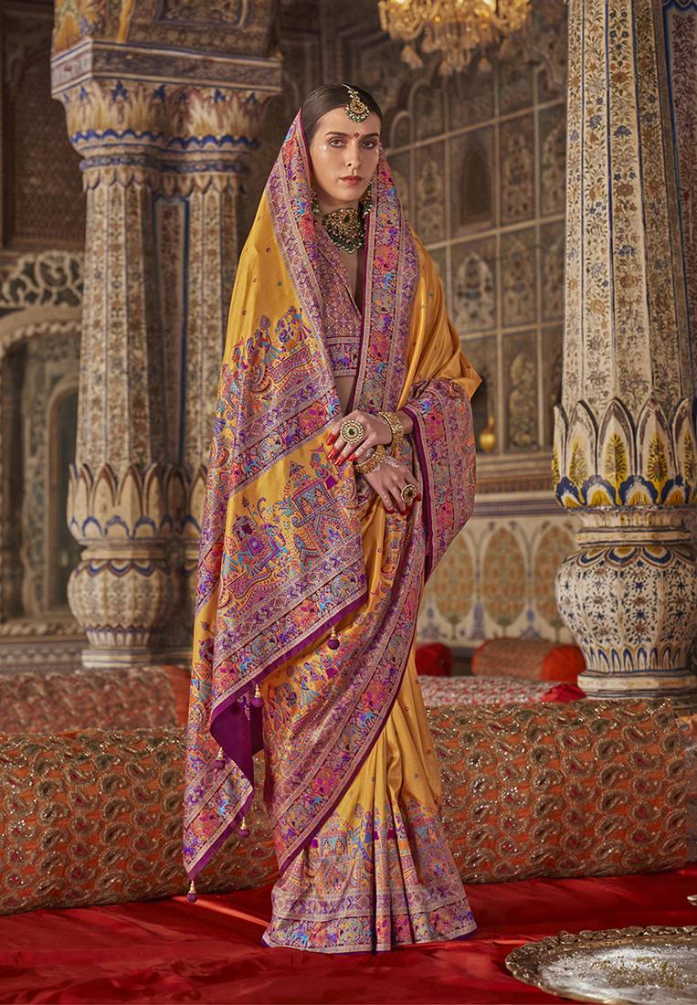 Mustard printed silk blend embellished saree