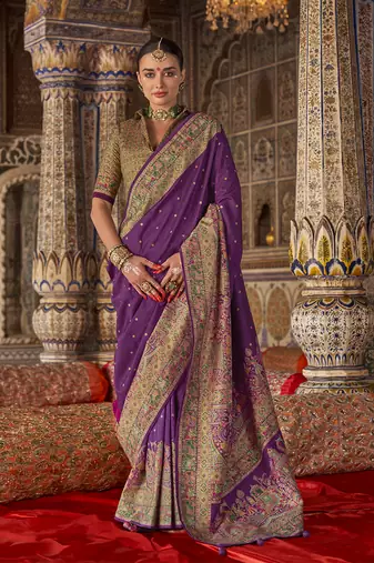 Purple printed silk blend embellished saree