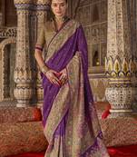 Purple printed silk blend embellished saree
