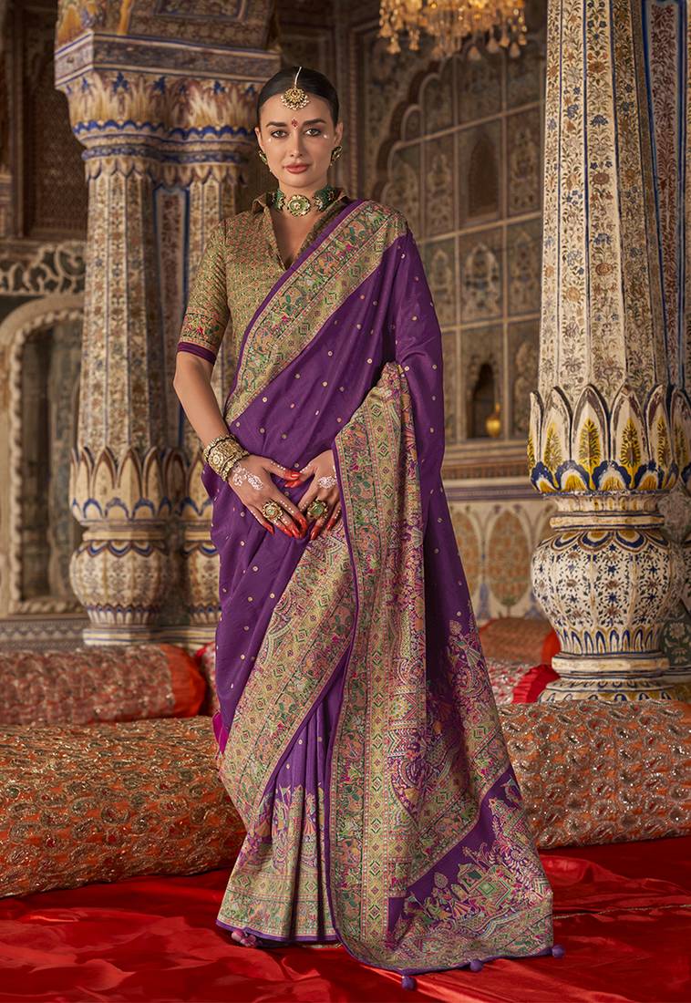 Purple printed silk blend embellished saree