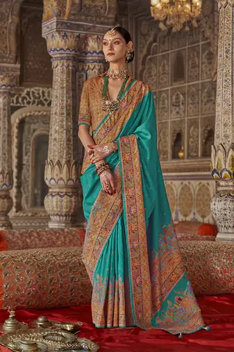 Turquoise printed silk blend embellished saree