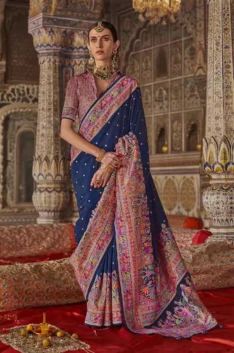 Navy blue printed silk blend embellished saree