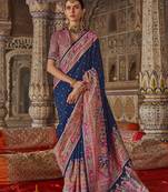Navy blue printed silk blend embellished saree