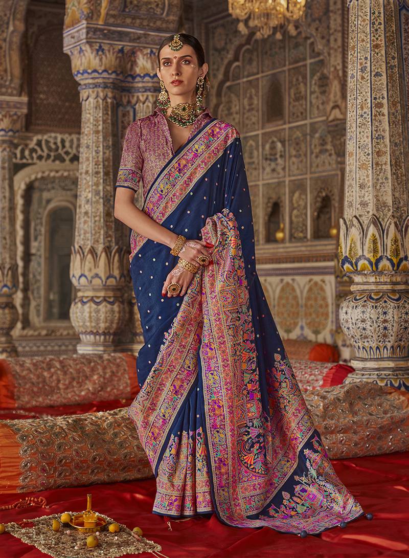 Navy blue printed silk blend embellished saree