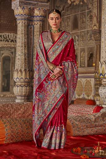 Crimson red printed silk blend embellished saree