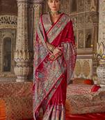 Crimson red printed silk blend embellished saree