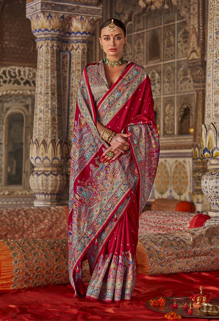 Crimson red printed silk blend embellished saree